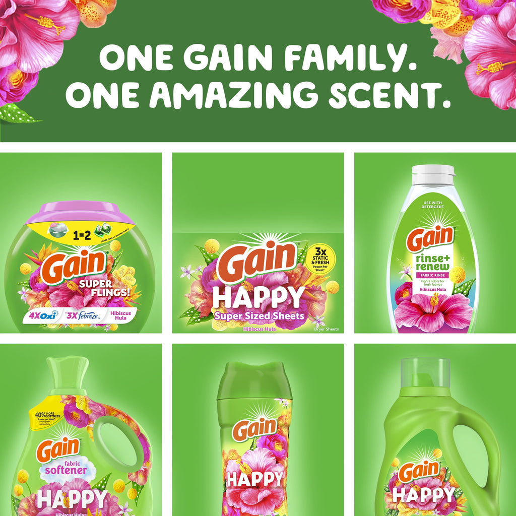 Gain Plus Flings Laundry Detergent Soap Pacs, All-In-One, Happy Hibiscus Scent, 32 Count
