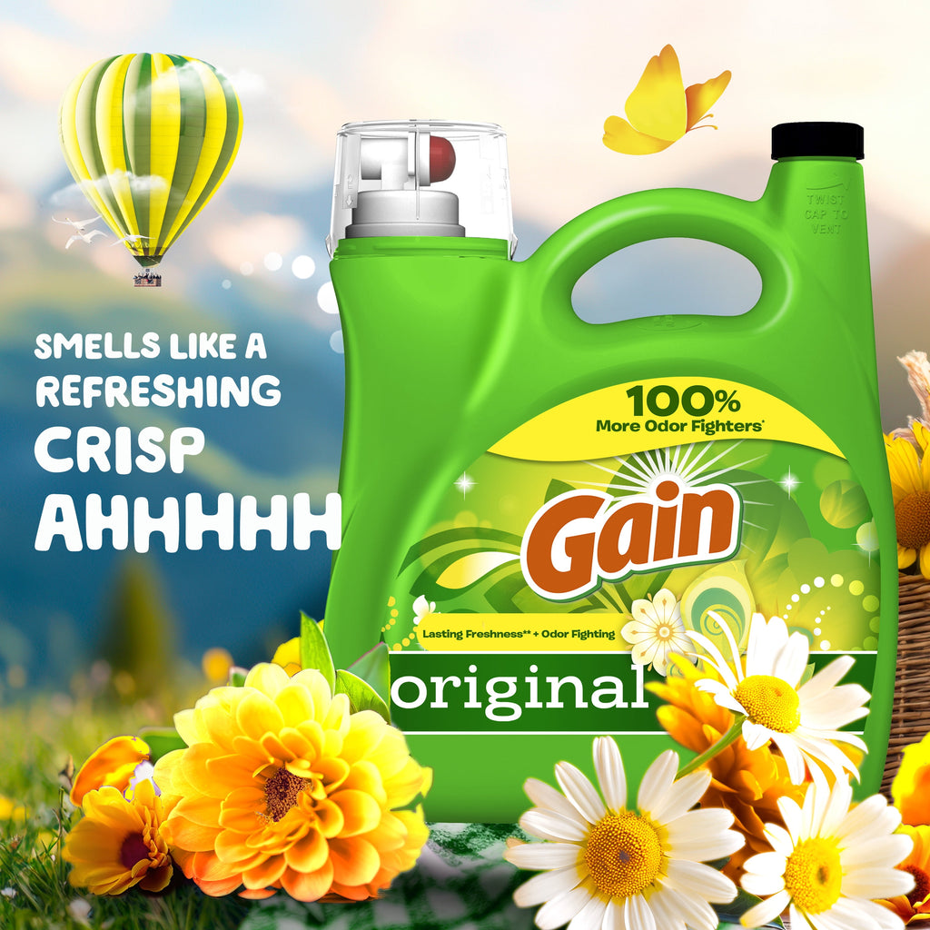 Gain Laundry Detergent Liquid with Odor Fighters, Original Scent, 88 fl oz, 61 Loads