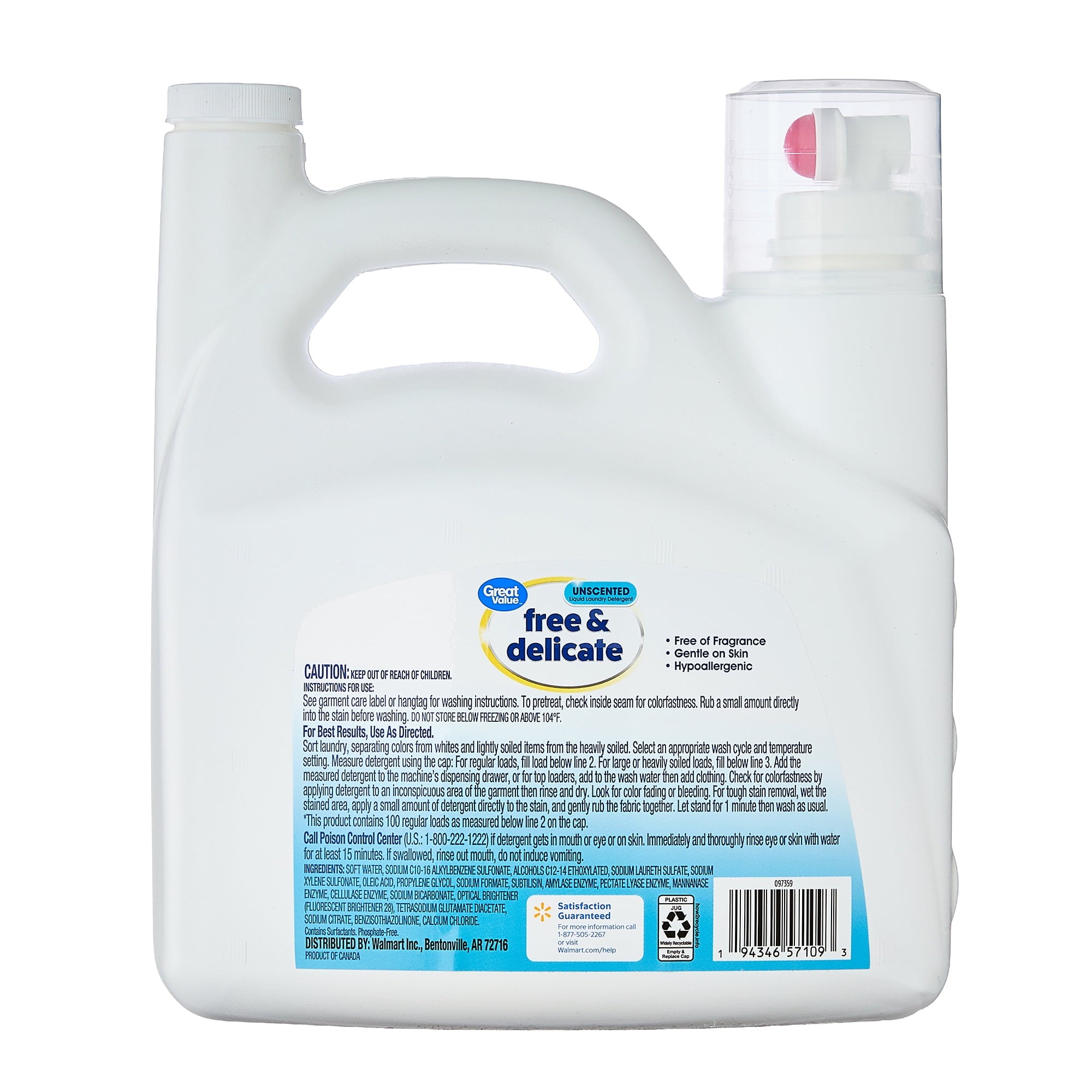 Great Value Free & Delicate Liquid Laundry Detergent, Unscented, 84 fl oz, 64 Loads