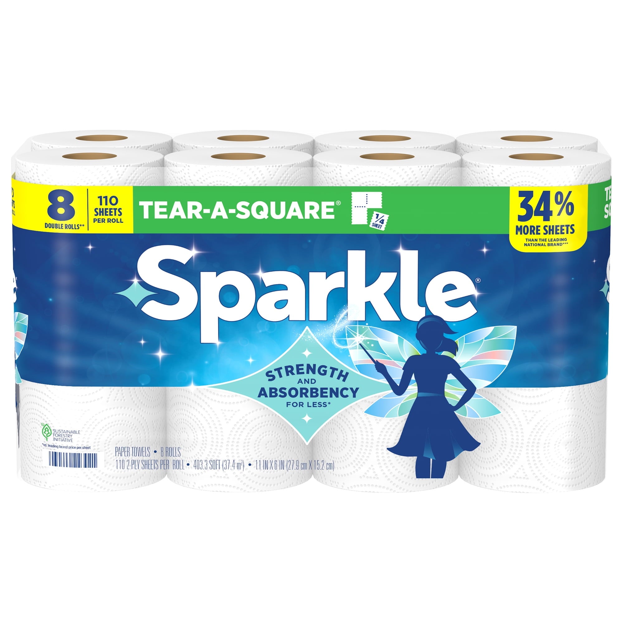 Sparkle Tear-A-Square Paper Towels, 8 Double Rolls, 110 Sheets per Roll