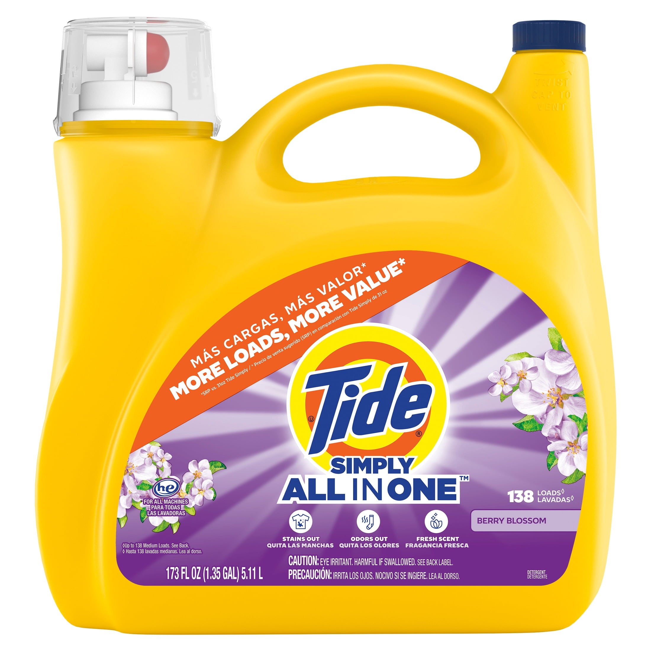 Tide Simply Laundry Detergent Liquid, Clean & Fresh, Berry Blossom Scent, 138 Loads, 173 fl oz