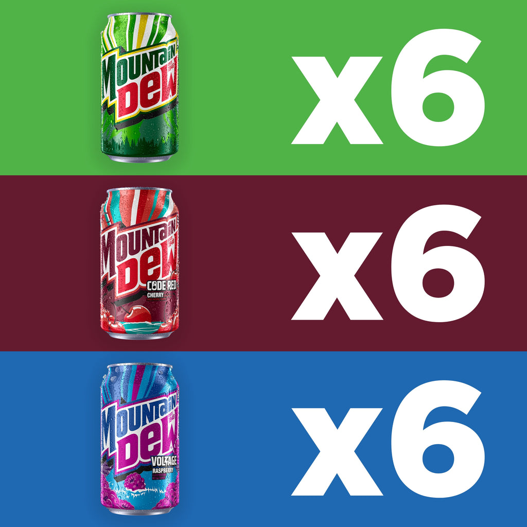 Mountain Dew Flavored Soda Pop Variety Pack, Original, Code Red, Voltage, 12 Ounce Cans, 18 Count