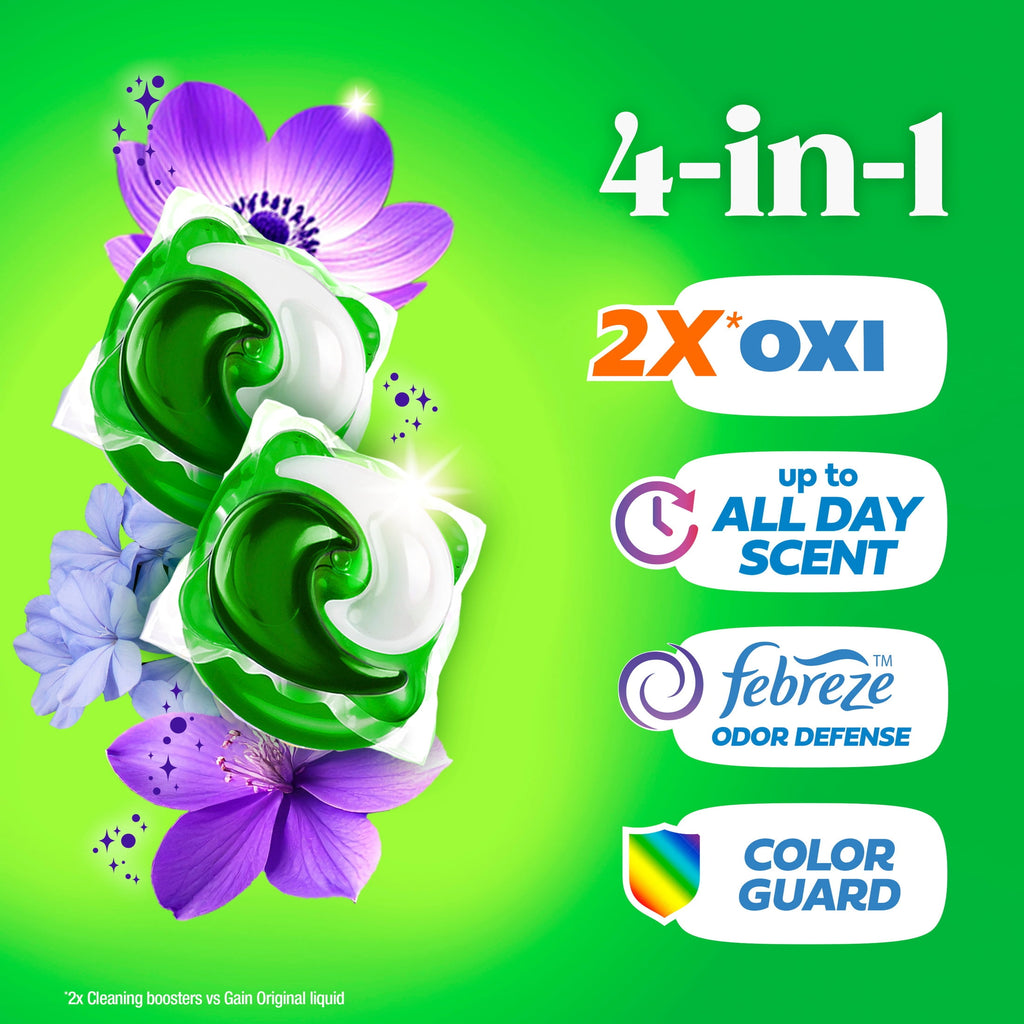 Gain Flings Laundry Detergent Soap Pacs, 4-in-1 Oxi Boost and Febreze, Moonlight Breeze Scent, 102 Count