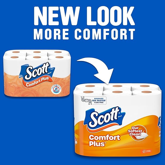 Scott ComfortPlus Toilet Paper, 12 Mega Rolls, 425 Sheets per Roll, Septic-Safe, 1-Ply Toilet Tissue