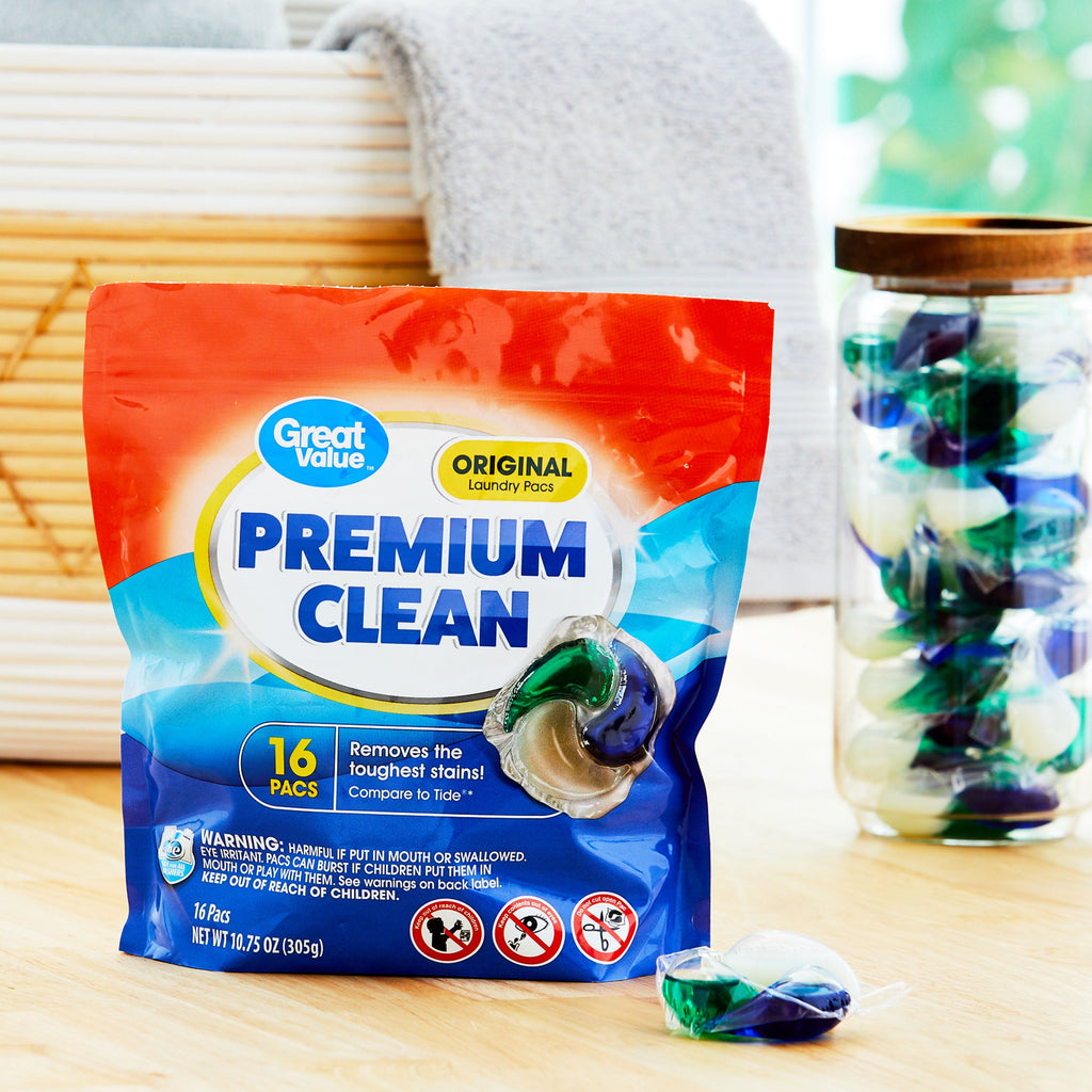Great Value Premium Clean Laundry Pacs Original Scent, 16 Count