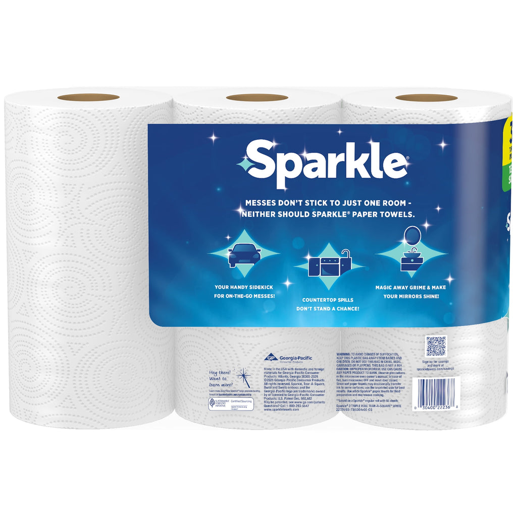 Sparkle Tear-A-Square Paper Towels, 3 Triple Rolls, 165 Sheets per Roll