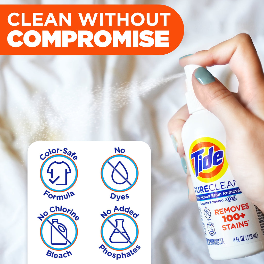 Tide PureClean Stain Remover, Enzyme Powered, With OXI, Fast-Acting and Color-Safe Formula, 4 fl oz