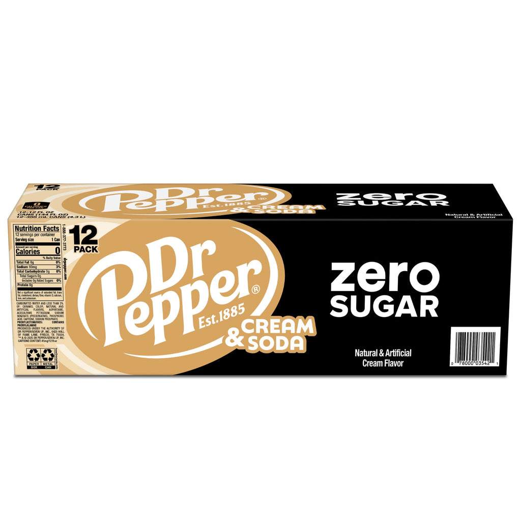 Dr Pepper & Cream Zero Sugar Soda Pop, 12 fl oz, 12 Pack Cans