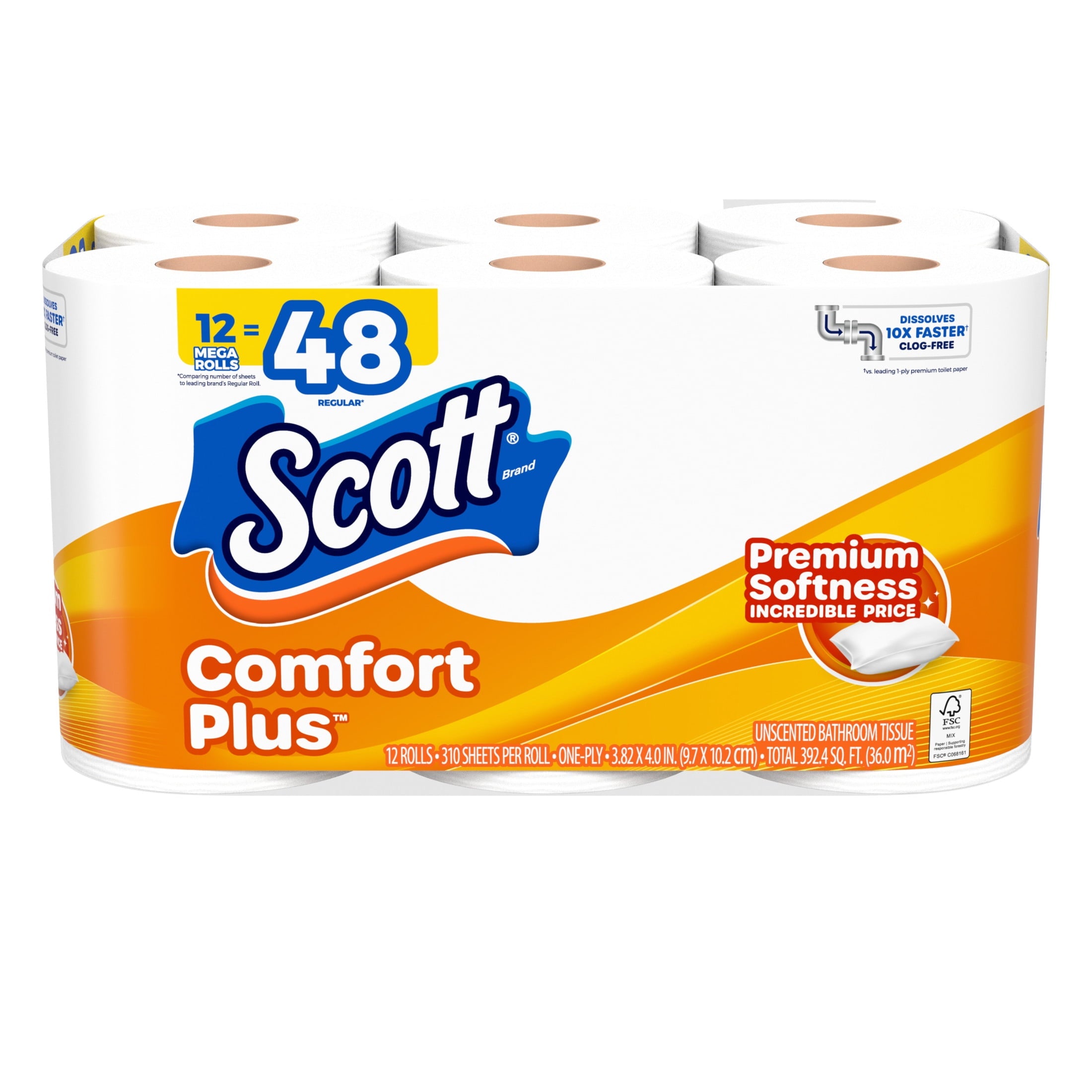 (4 pack) Scott ComfortPlus Toilet Paper, 12 Mega Rolls