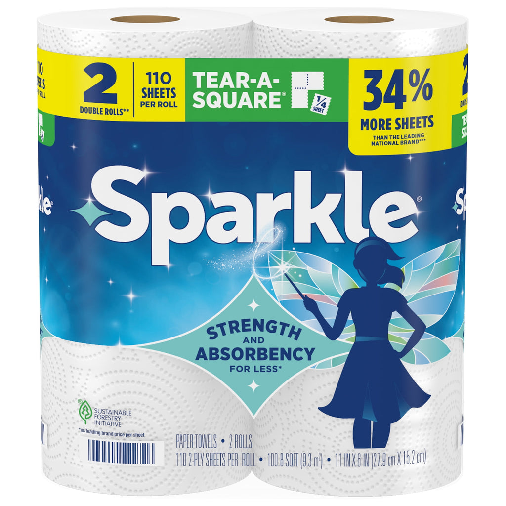 Sparkle Tear-A-Square Paper Towels, 6 Double Rolls, 110 Sheets per Roll