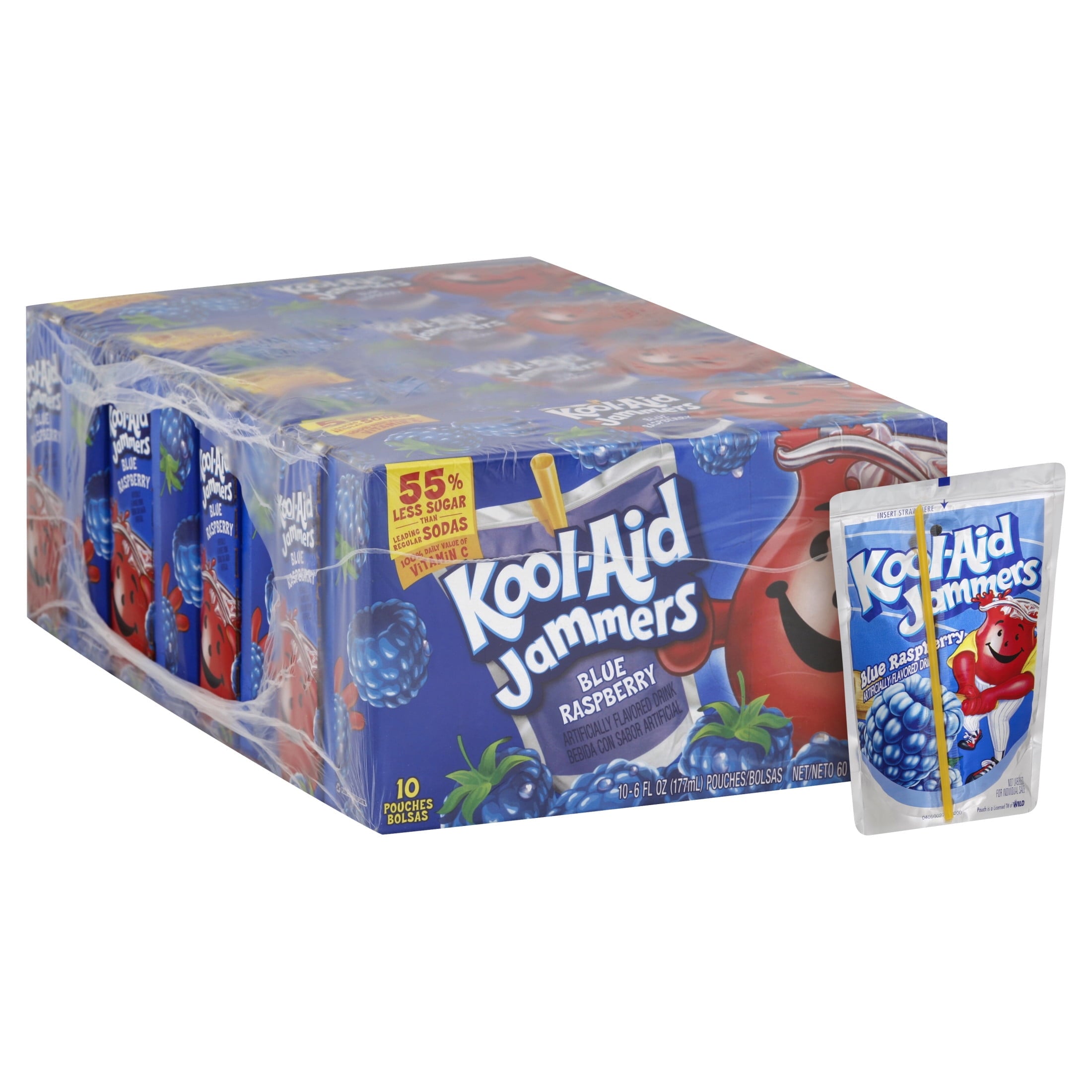 Kool-Aid Jammers Artificially Flavored Drink, 10 Pouches, for School Lunches and On-the-Go Hydration, Blue Raspberry Flavor, Excellent Source of Vitamin C, 6 fl oz