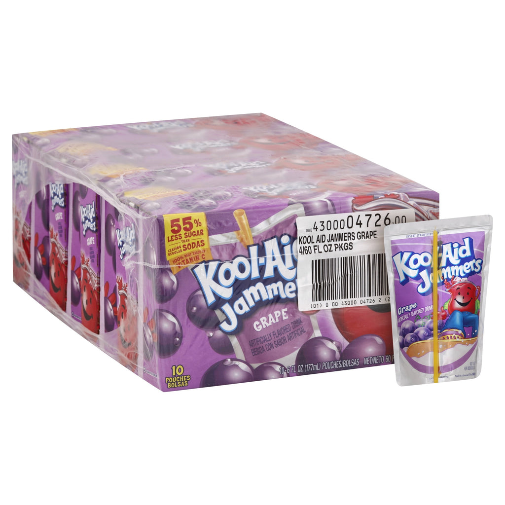 Kool-Aid Jammers Artificially Flavored Drink, 10 Pouches, for School Lunches and On-the-Go Hydration, Grape Flavor, Excellent Source of Vitamin C, 6 fl oz