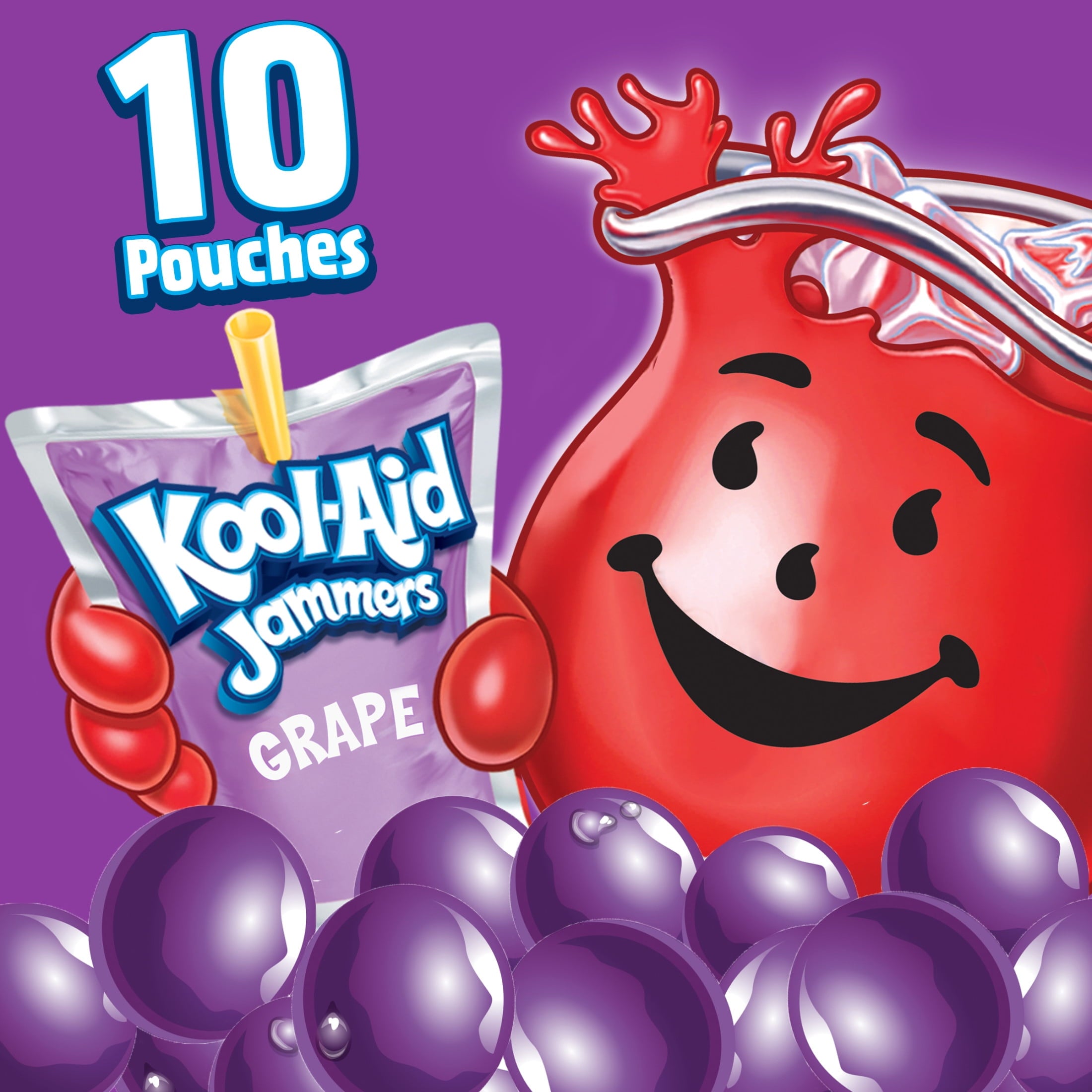Kool-Aid Jammers Artificially Flavored Drink, 10 Pouches, for School Lunches and On-the-Go Hydration, Grape Flavor, Excellent Source of Vitamin C, 6 fl oz