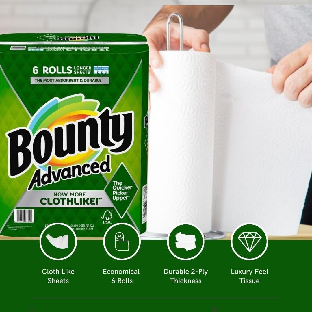 Bounty Advanced 2-Ply Paper Towel - Absorbent, Durable, and Clothlike - Select-A-Size - 3 Rolls