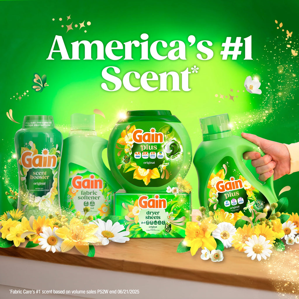 Gain Plus Laundry Detergent Liquid, Now with Odor Defense + OXI, Original Scent, 60 fl oz, 45 Loads