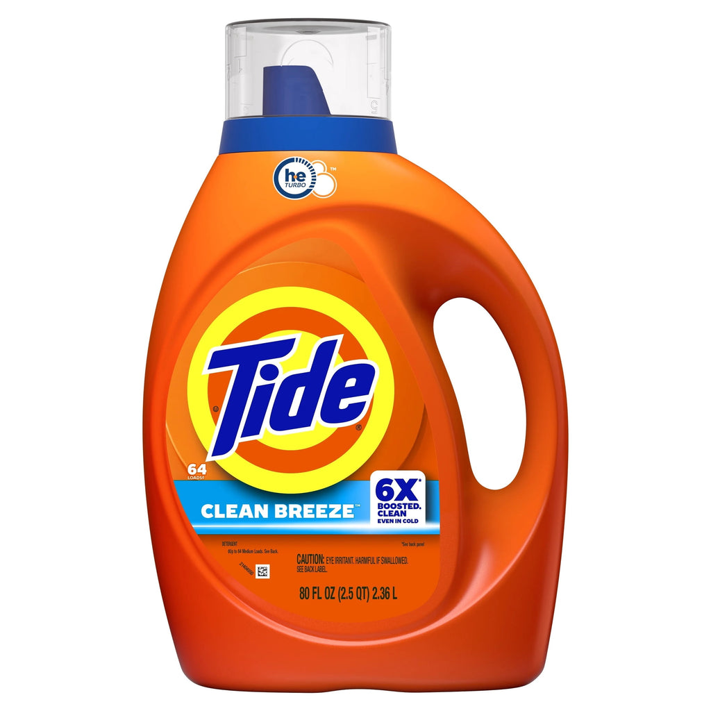 Tide Laundry Detergent Liquid, Clean Breeze Scent, 64 Loads, 80 fl oz, Works on 100% of Common Stains