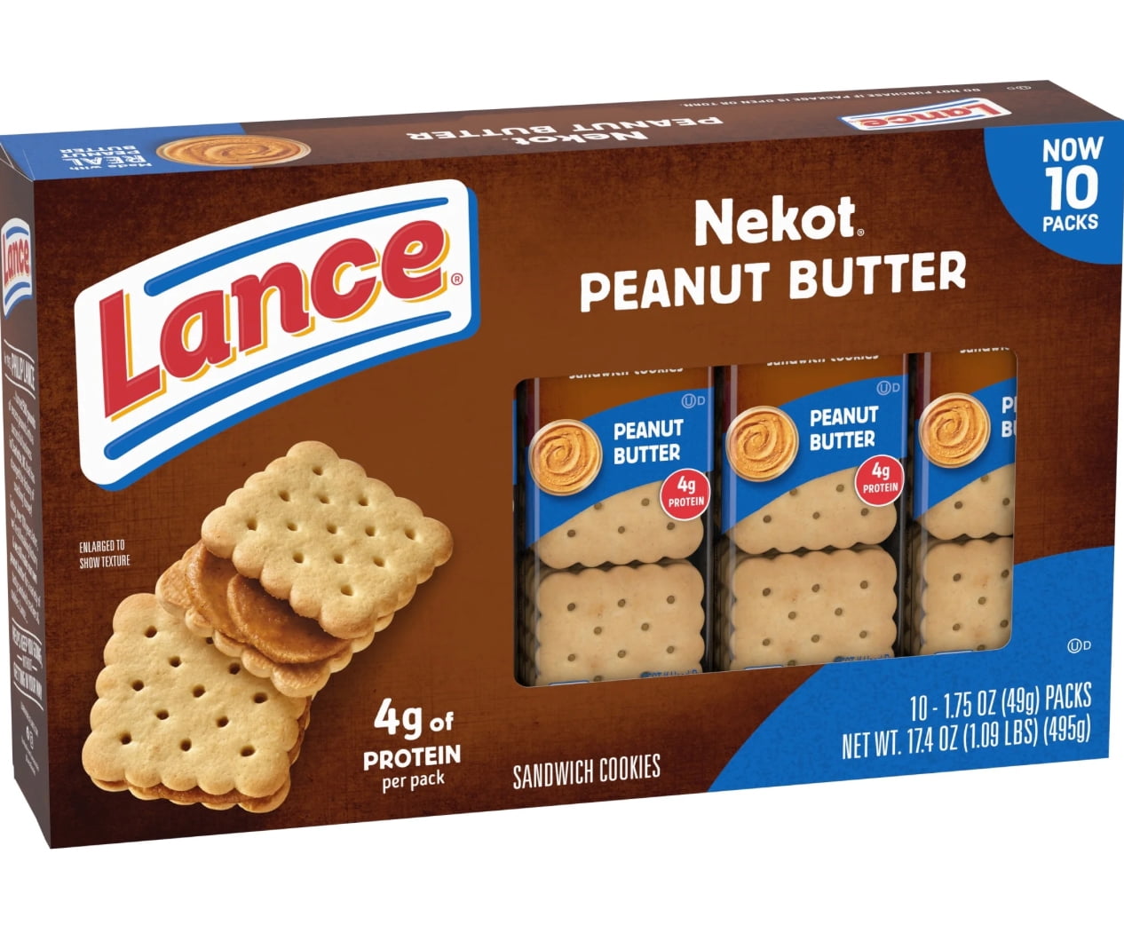 Lance Sandwich Cookies, Nekot Peanut Butter, 10 Individually Wrapped Packs, 6 Sandwiches Each