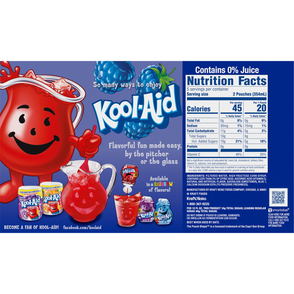 Kool-Aid Jammers Artificially Flavored Drink, 10 Pouches, for School Lunches and On-the-Go Hydration, Blue Raspberry Flavor, Excellent Source of Vitamin C, 6 fl oz