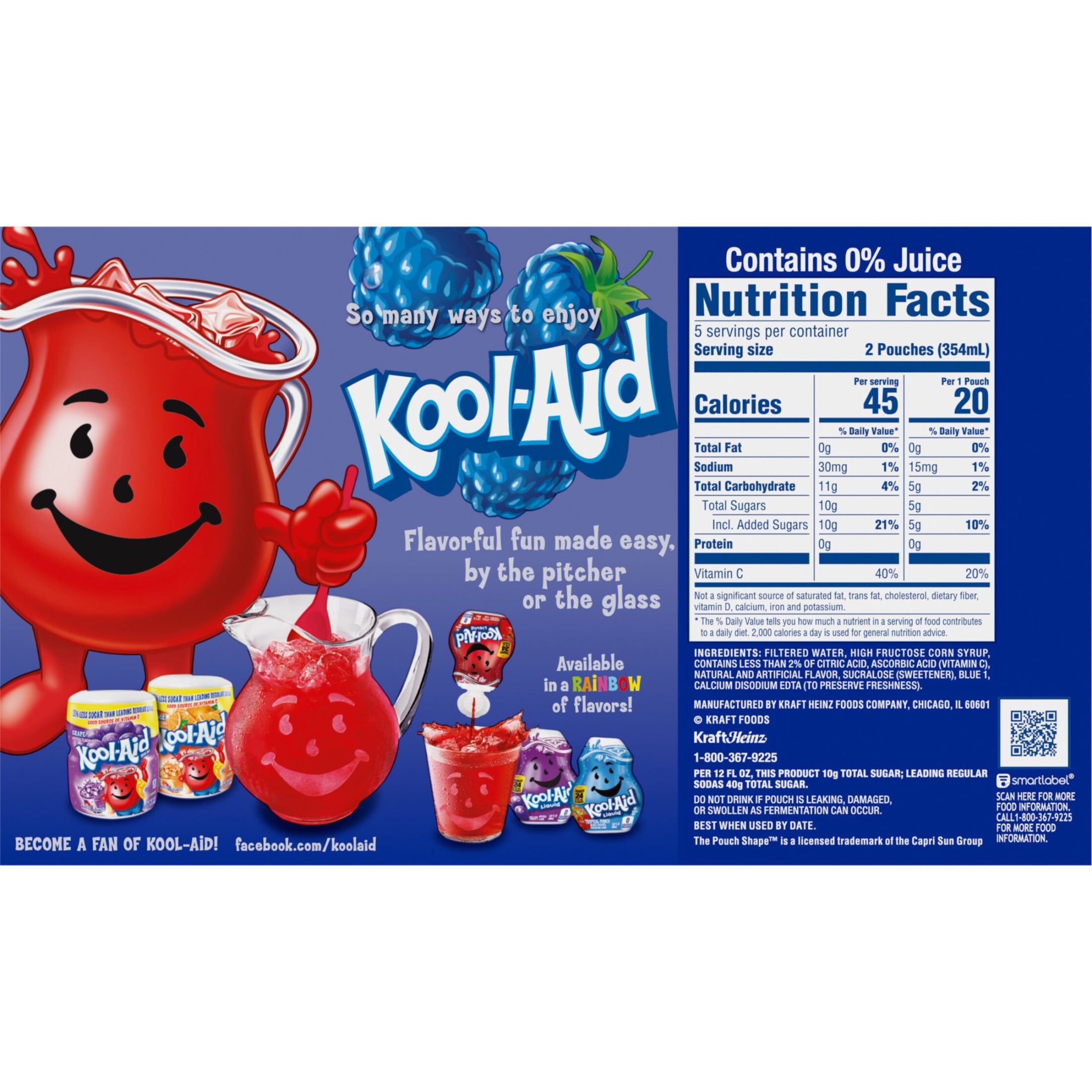 Kool-Aid Jammers Artificially Flavored Drink, 10 Pouches, for School Lunches and On-the-Go Hydration, Blue Raspberry Flavor, Excellent Source of Vitamin C, 6 fl oz