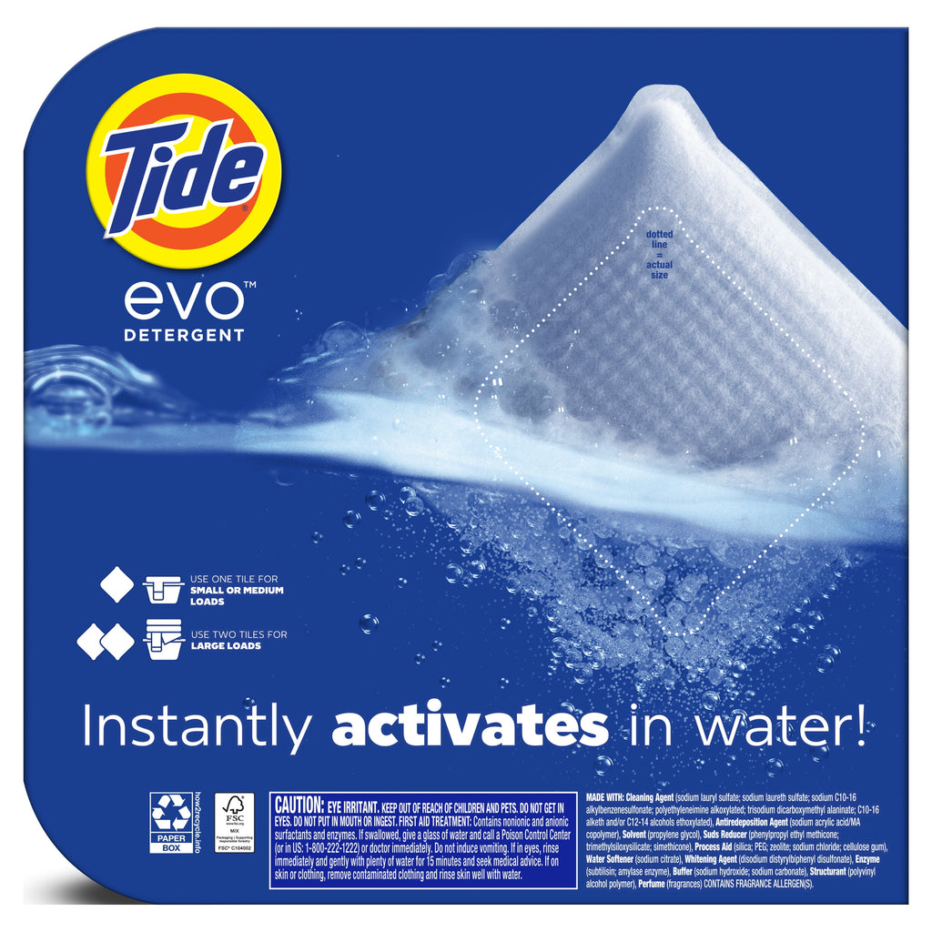 Tide Evo Laundry Detergent Tiles, 100% Concentrated, 6X Cleaning Power, Spring Blast Scent, 16 Count