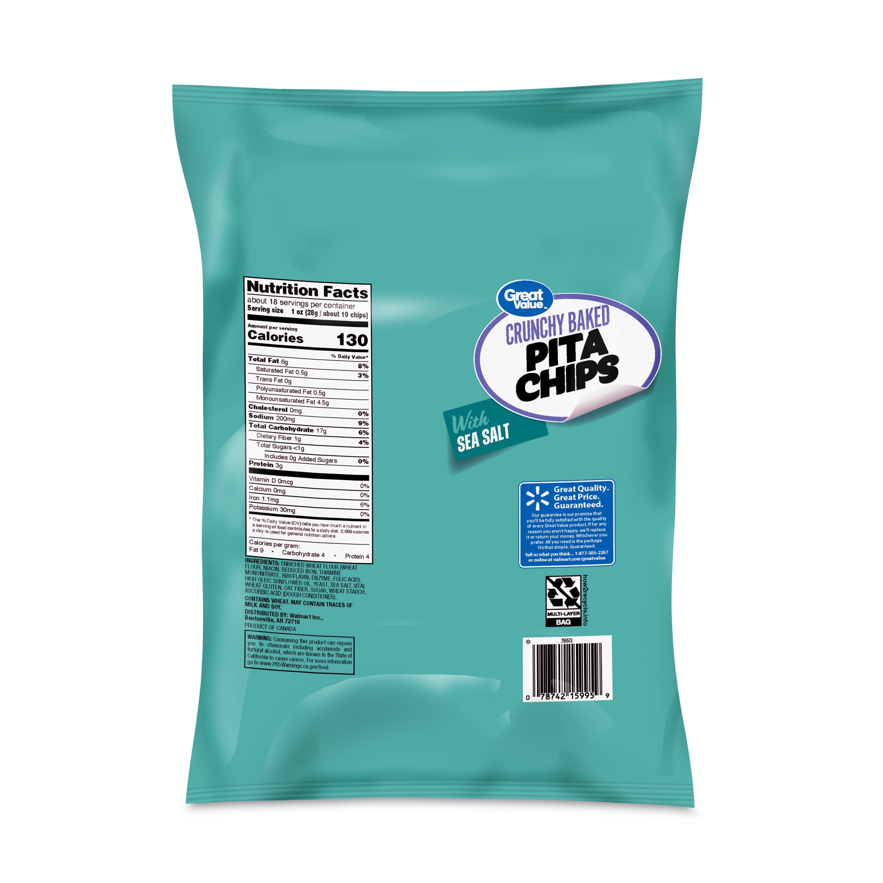 Great Value Sea Salt Pita Chips Party Size, 18 oz