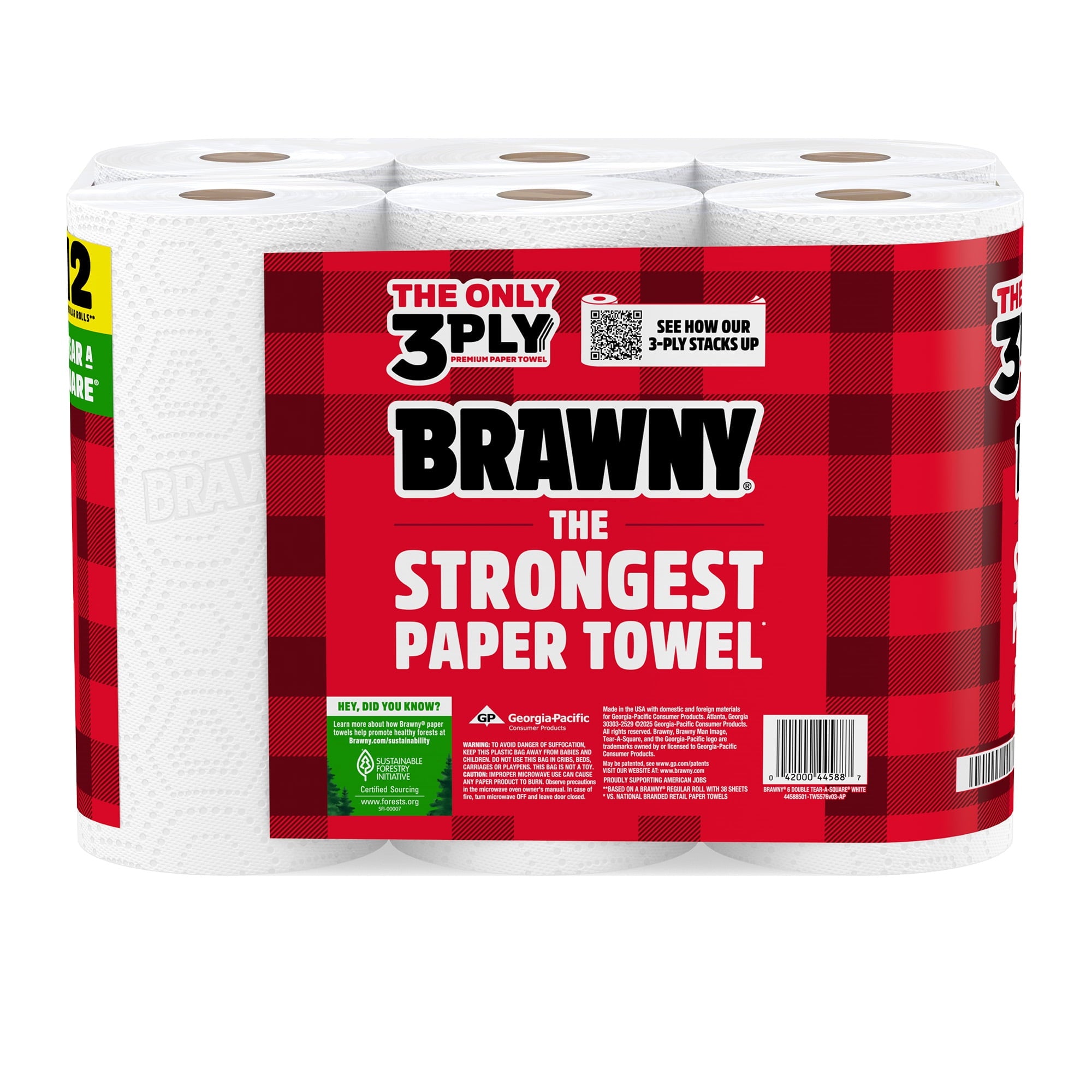 Brawny Tear-A-Square 3-Ply Paper Towels, 6 Double Rolls, 76 Sheets per Roll
