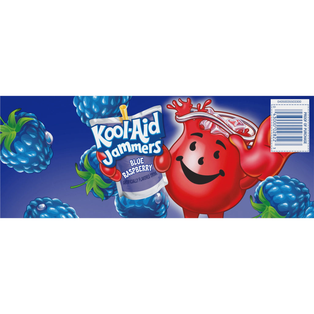 Kool-Aid Jammers Artificially Flavored Drink, 10 Pouches, for School Lunches and On-the-Go Hydration, Blue Raspberry Flavor, Excellent Source of Vitamin C, 6 fl oz