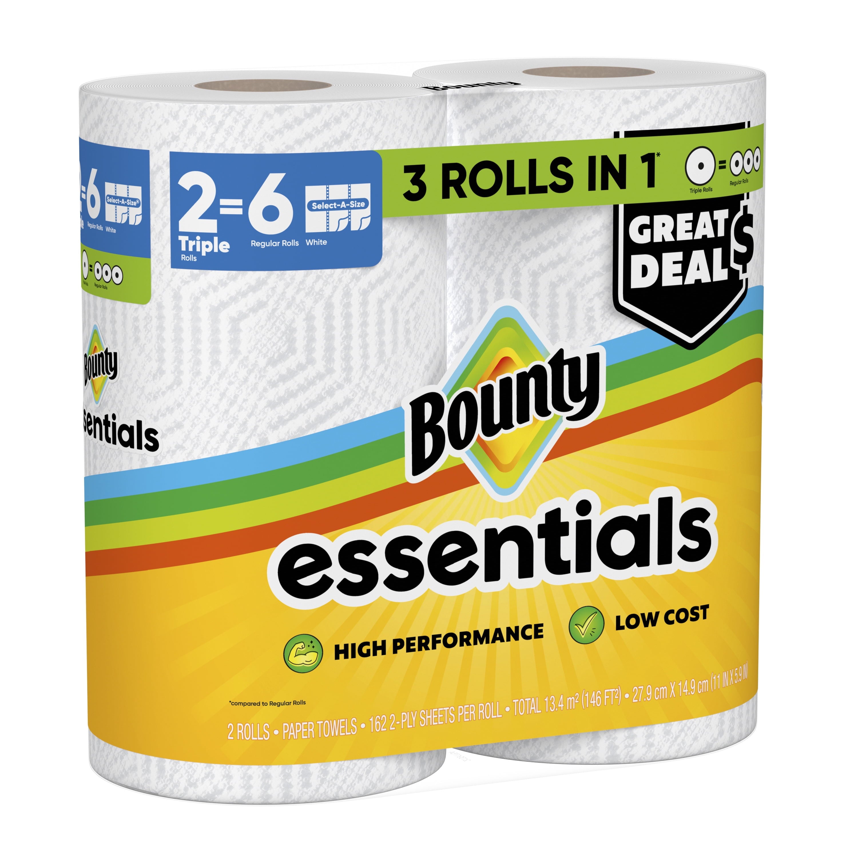 Bounty Essentials Paper Towels Select-A-Size 6 Double Rolls, White, 108 Sheets Per Roll