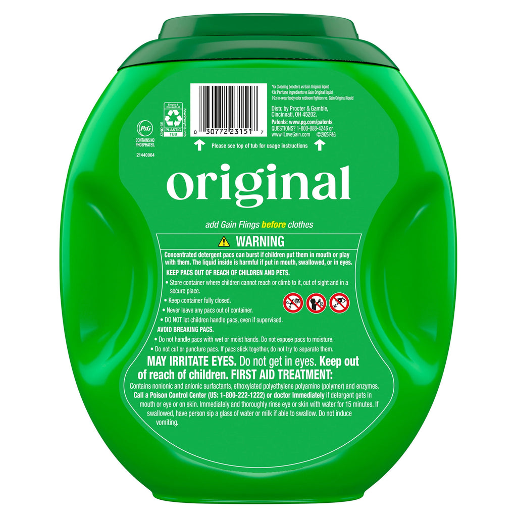 Gain Plus Flings Laundry Detergent Liquid Washing Pacs, Gain's Best All-In-One Clean, Original Scent, 45 Count