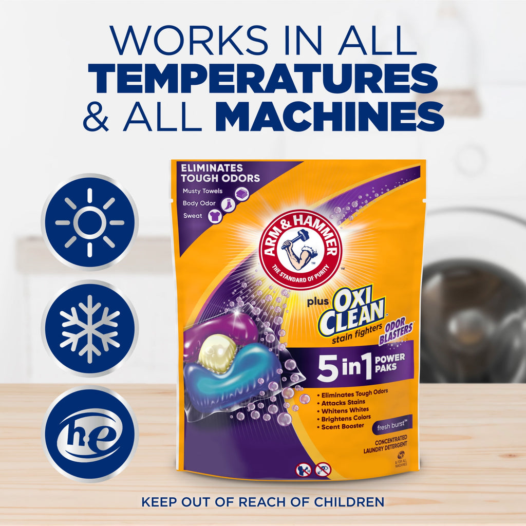 ARM & HAMMER Plus OxiClean Odor Blasters 5-in-1 Laundry Detergent Power Paks, Fresh Burst, 42 Ct