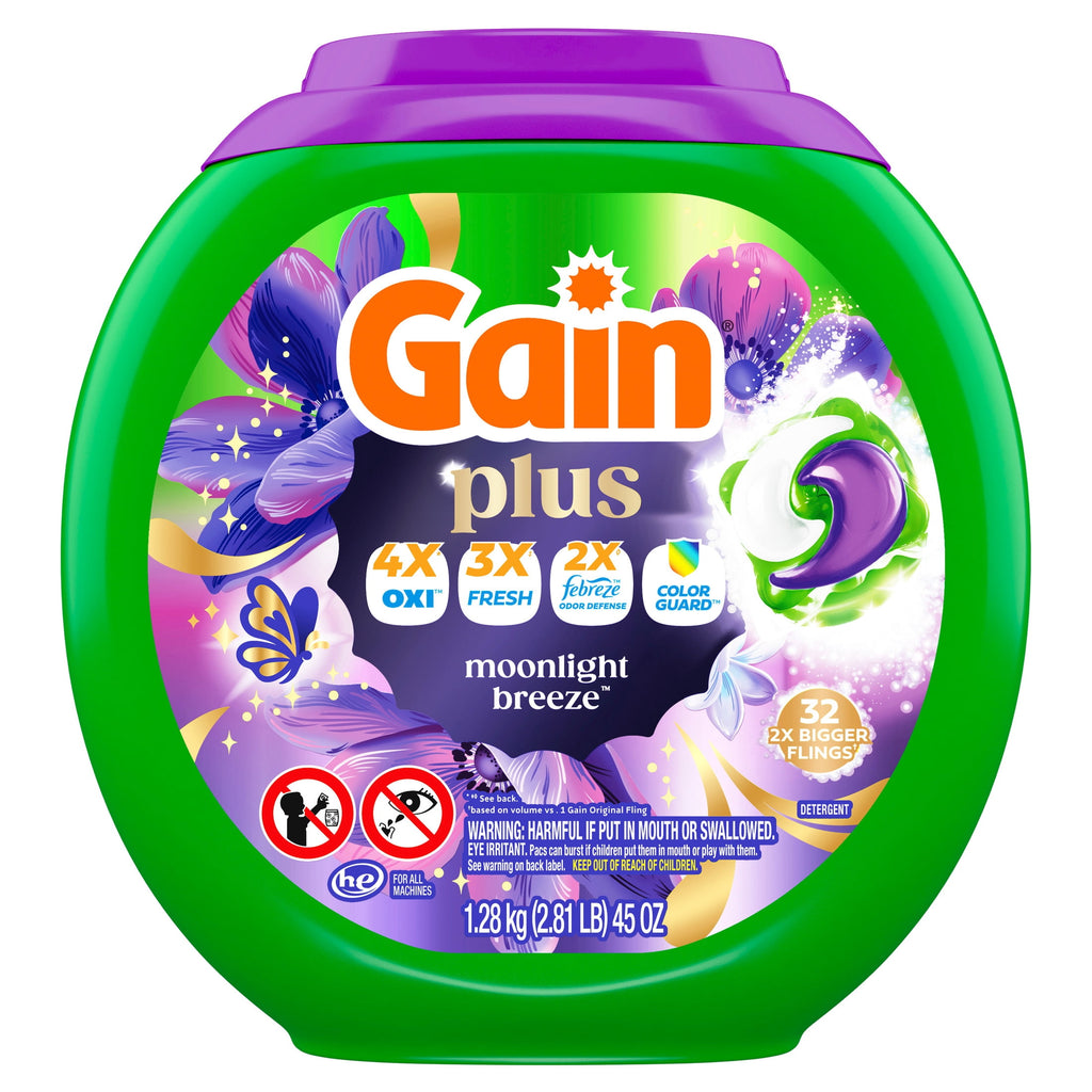Gain Plus Flings Laundry Detergent Liquid Washing Pacs, Gain's Best All-In-One Clean, Moonlight Breeze Scent, 32 Count