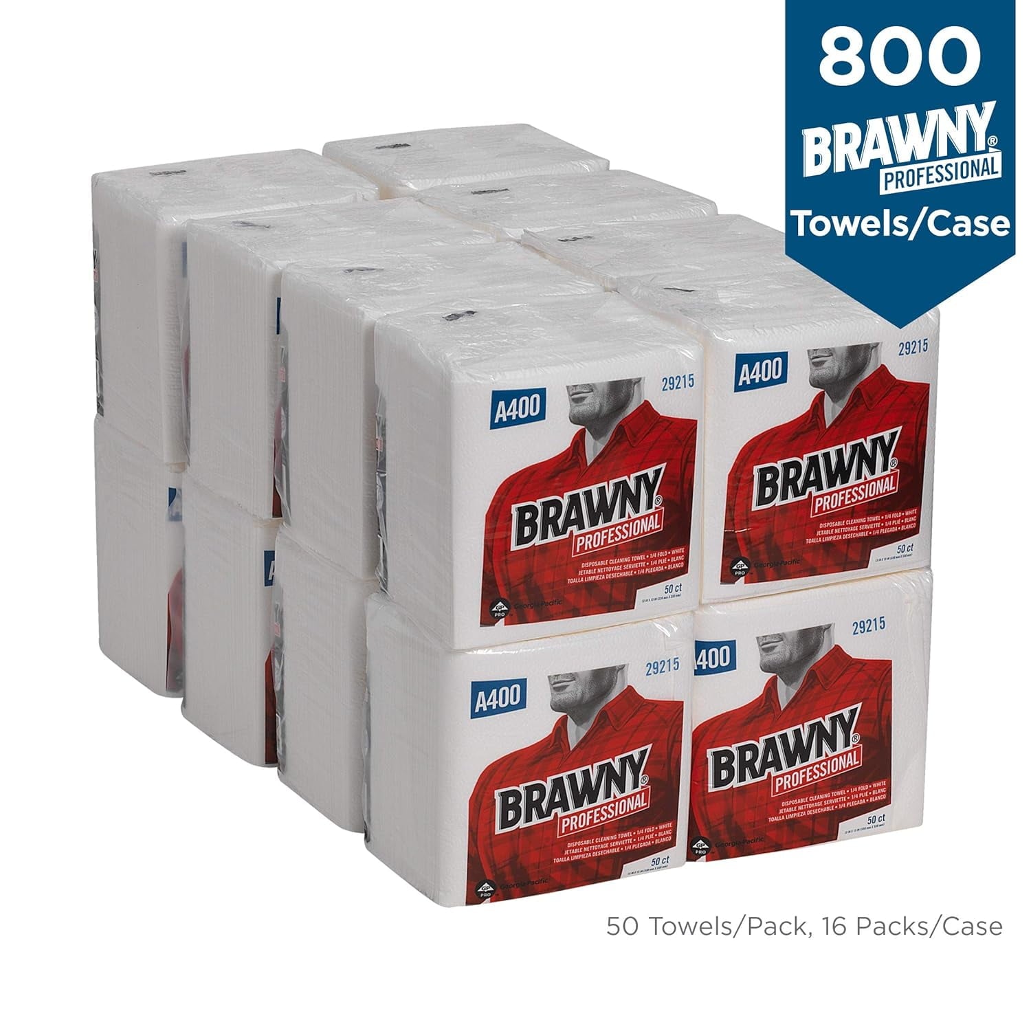 Brawny Professional 1/4-Fold A400 Disposable Cleaning Towel by GP PRO (Georgia-Pacific); White; 29215; 50 Towels Per Pack; 16 Packs Per Case (800 Total)