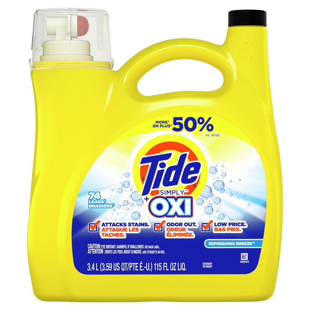 Tide Simply + Oxi Liquid Laundry Detergent, Refreshing Breeze, 96 loads, 150 Fl Oz