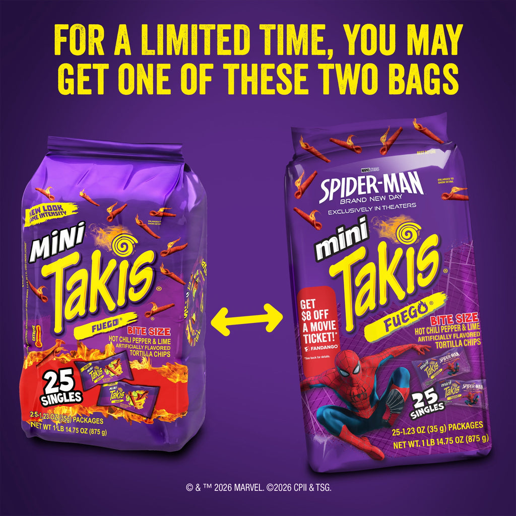 Takis Fuego Mini 25 pc / 1.23 oz Bite Size Multipack, Hot Chili Pepper & Lime Rolled Tortilla Chips
