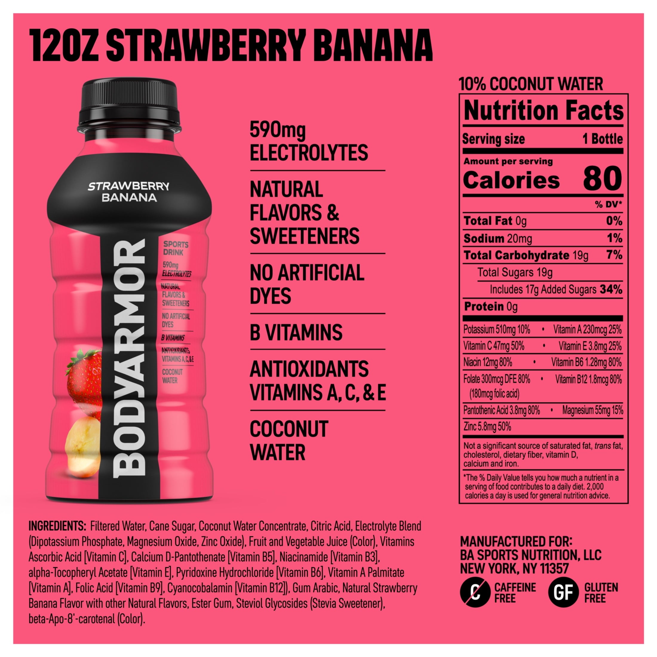 BODYARMOR Strawberry Banana Sports Drink Bottles, 12 fl oz, 8 Pack