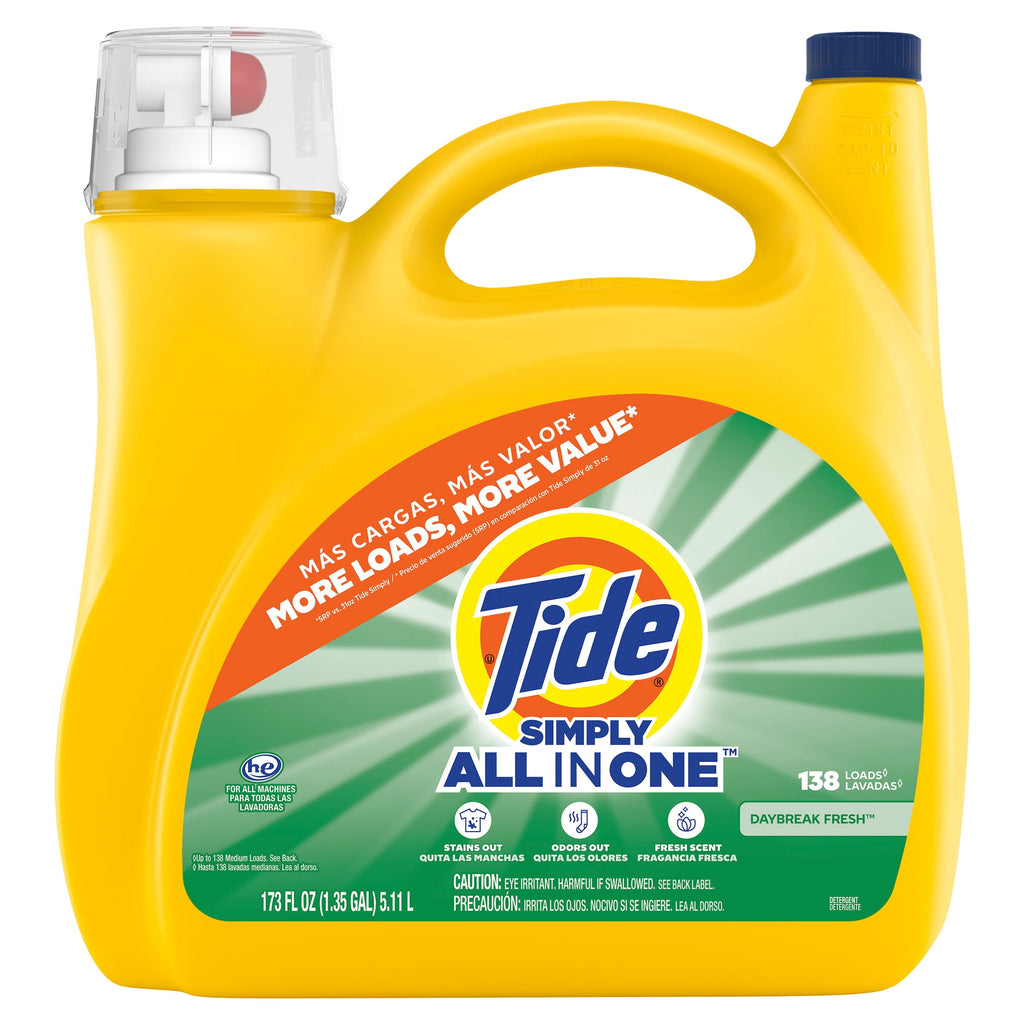 Tide Simply Liquid Laundry Detergent, All-In-One, Daybreak Fresh Scent, 173 fl oz, 138 Loads