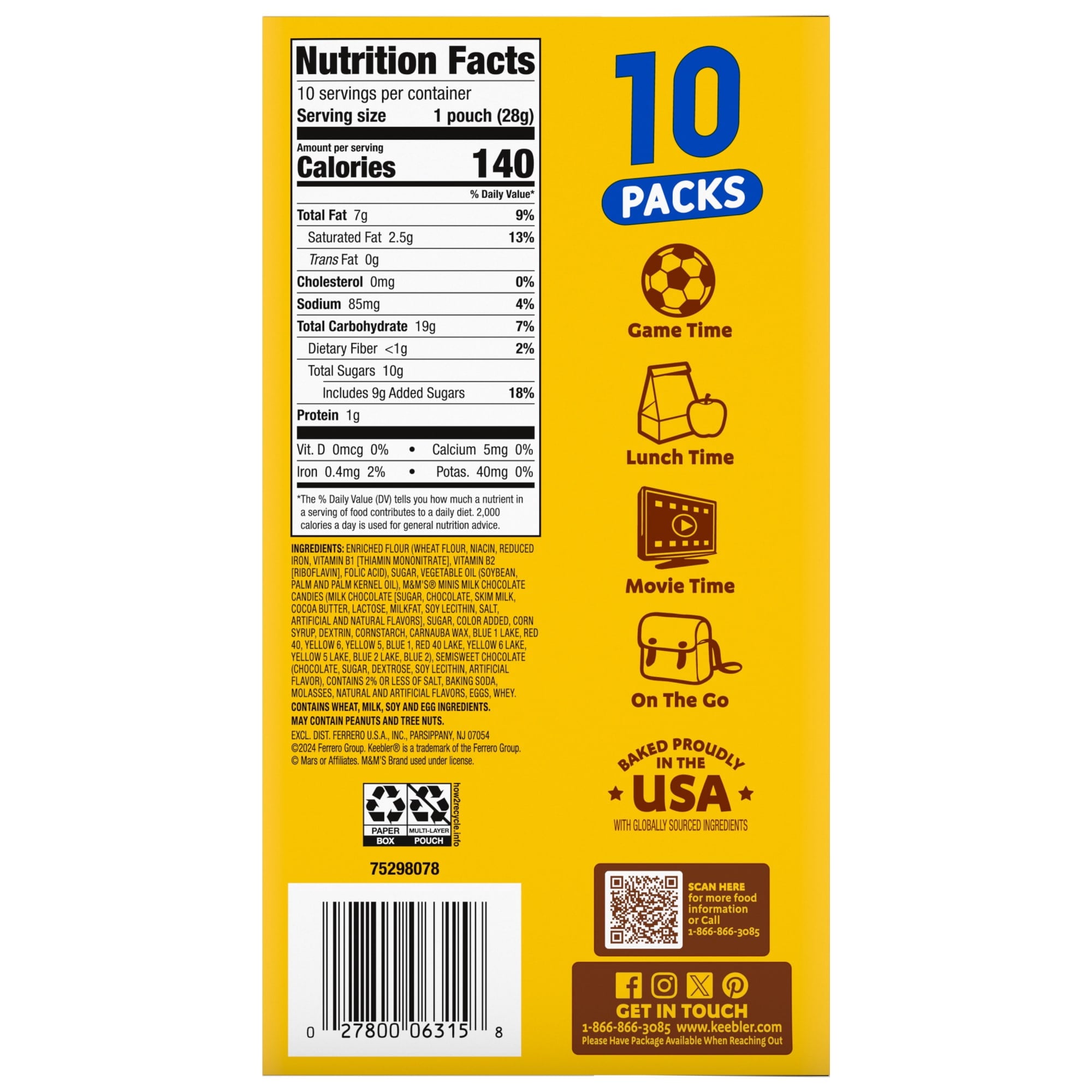 Keebler Chips Deluxe Minis Made with M&M’s, Chocolate Chip Cookies, 1 oz Pouches, 10 Count