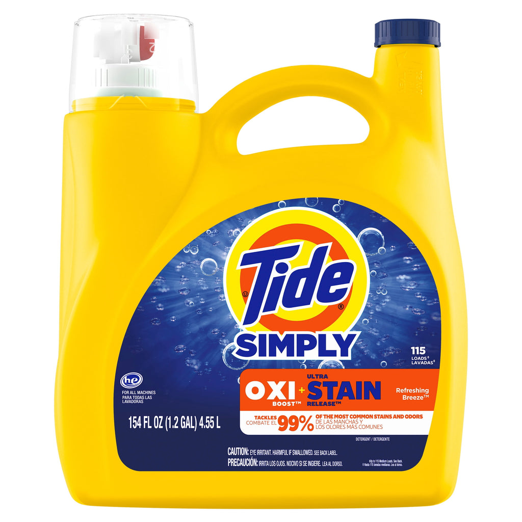 Tide Simply Laundry Detergent Liquid, Oxi Boost + Ultra Stain Release, Refreshing Breeze Scent, 154 fl oz, 115 Loads