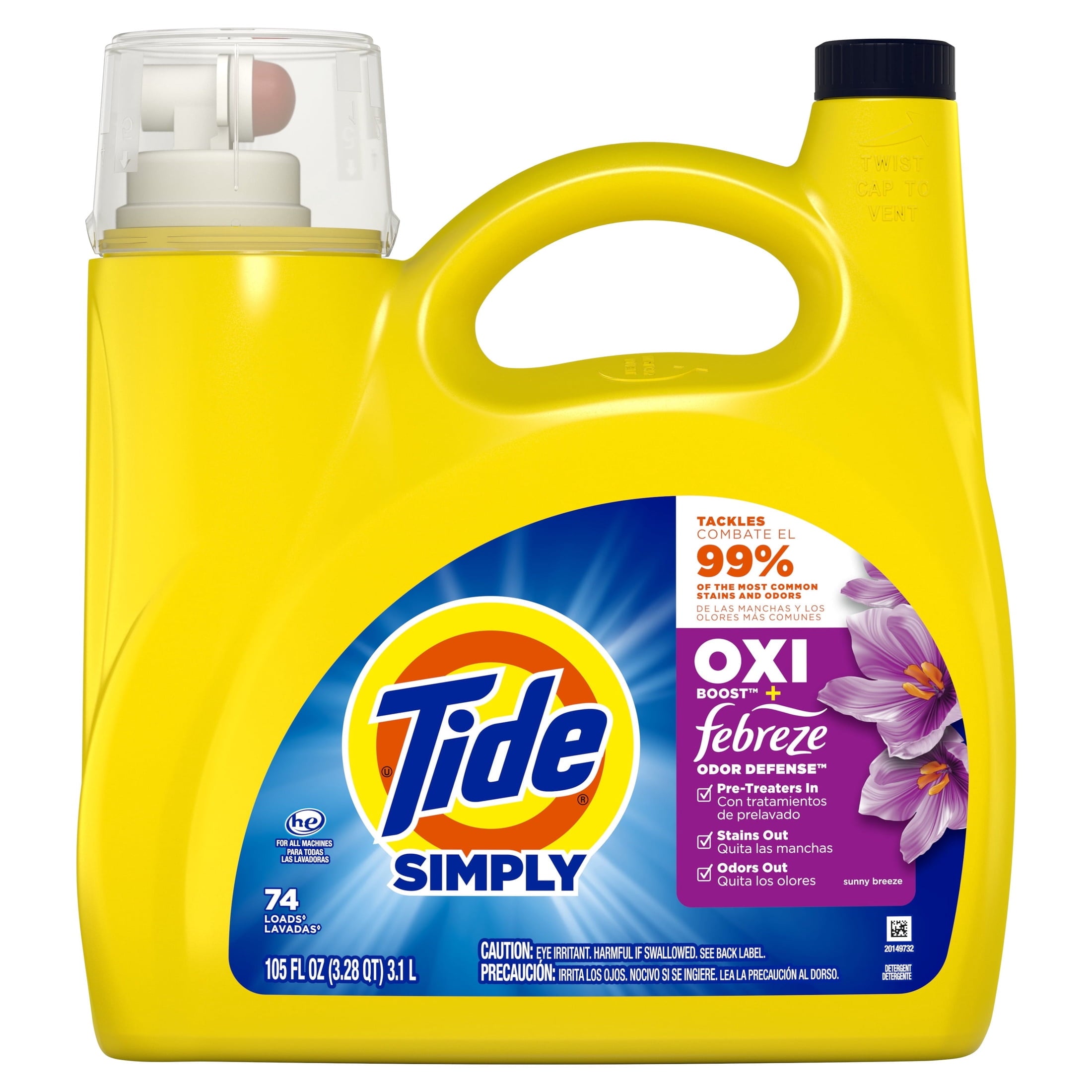 Tide Simply Laundry Detergent Liquid, Oxi Boost + Febreze Odor Defense, Sunny Breeze Scent, 129 fl oz, 96 Loads