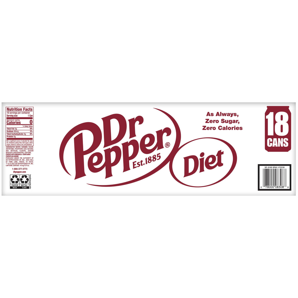 Diet Dr Pepper Soda Pop, 12 fl oz cans, 18 pack