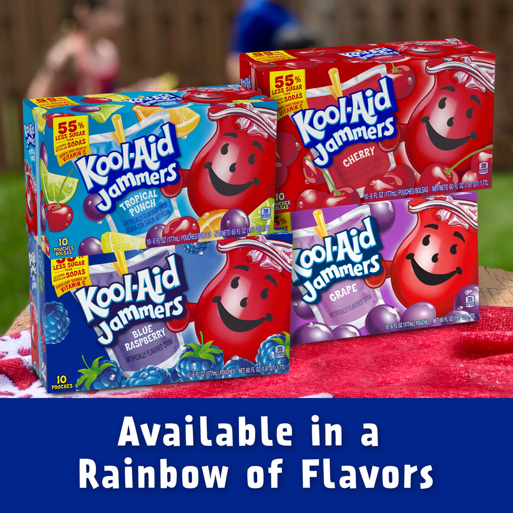 Kool-Aid Jammers Artificially Flavored Drink, 10 Pouches, for School Lunches and On-the-Go Hydration, Blue Raspberry Flavor, Excellent Source of Vitamin C, 6 fl oz