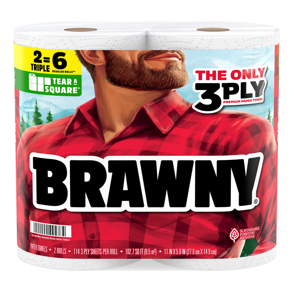 Brawny Tear-A-Square 3-Ply Paper Towels, 2 Triple Rolls, 114 Sheets per Roll