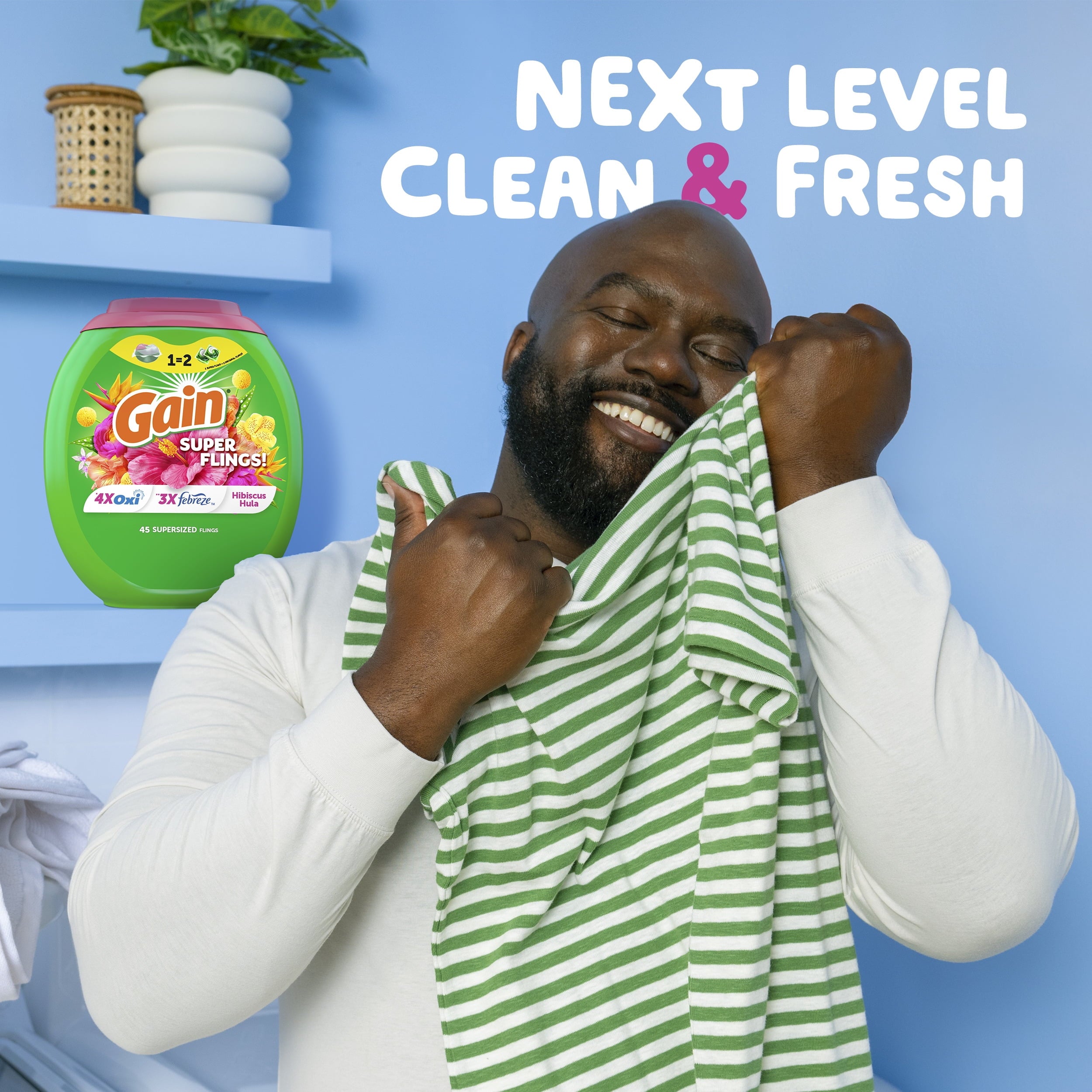 Gain Plus Flings Laundry Detergent Soap Pacs, All-In-One, Happy Hibiscus Scent, 32 Count