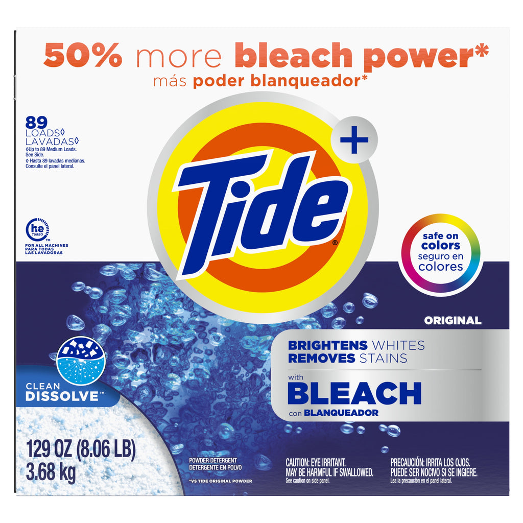 Tide Plus Bleach Powder Laundry Detergent, Original Scent, 129 oz, 89 Loads