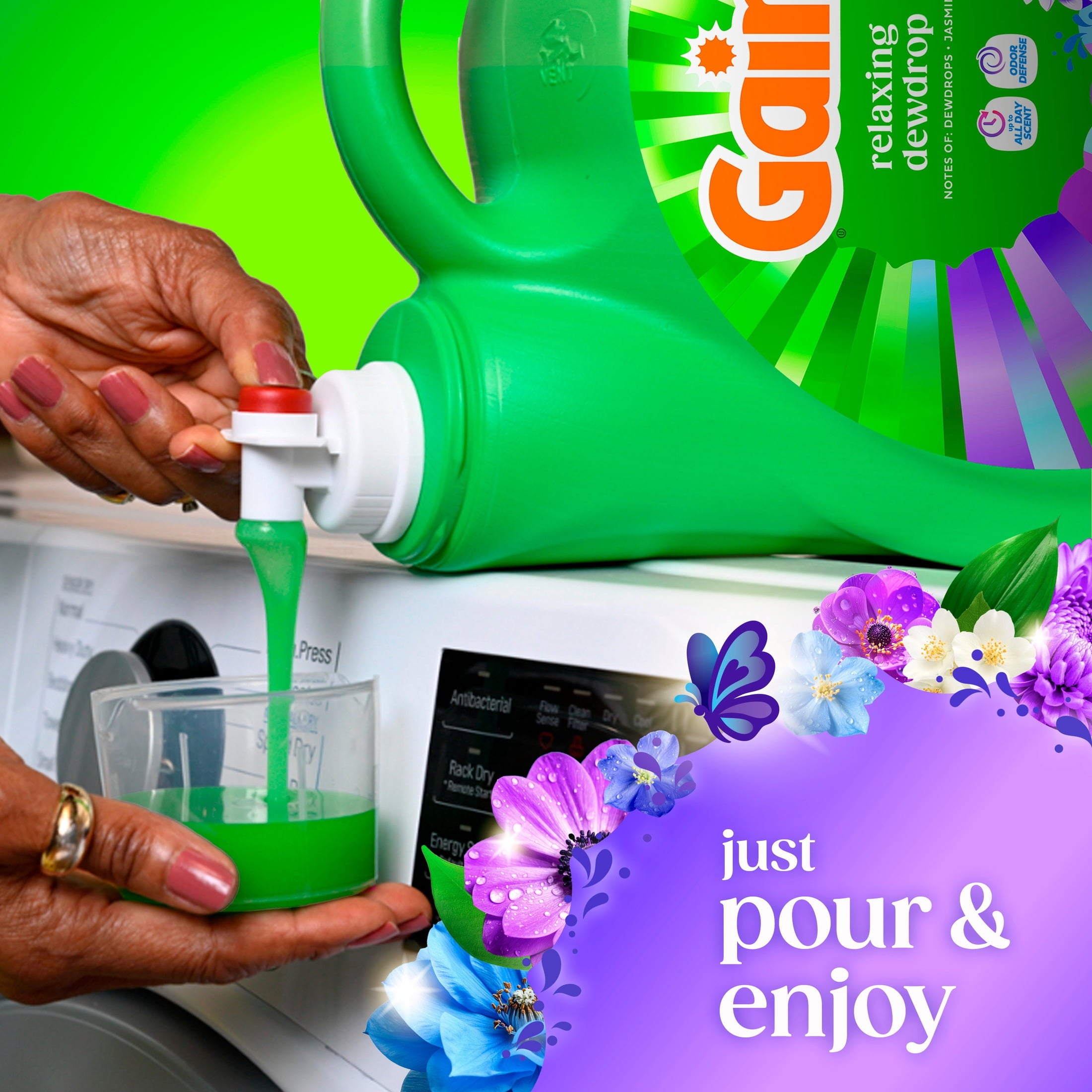 Gain Laundry Detergent Liquid, Now with Odor Defense, Relaxing Dewdrop Scent, 132 fl oz, 100 Loads