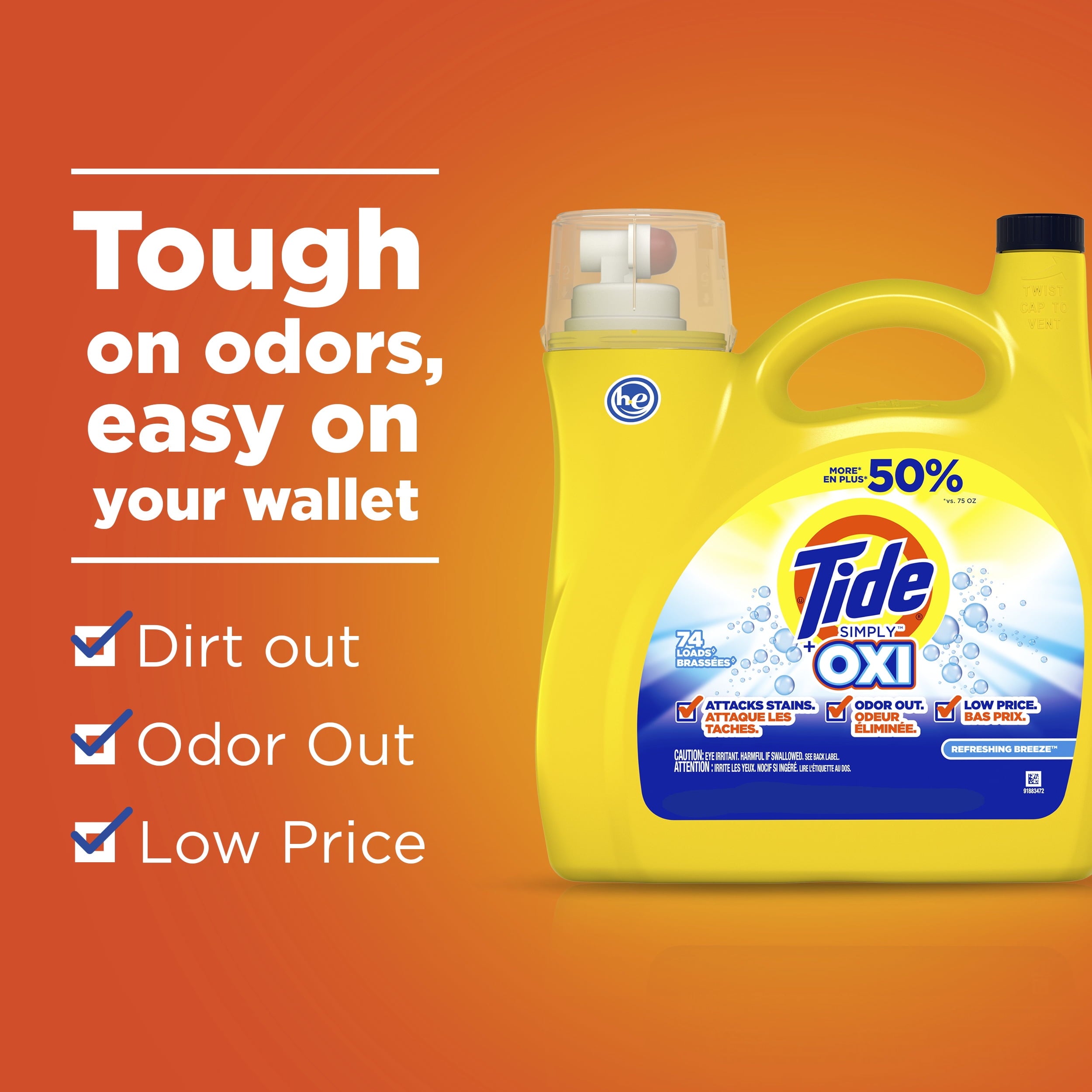 Tide Simply + Oxi Liquid Laundry Detergent, Refreshing Breeze, 96 loads, 150 Fl Oz