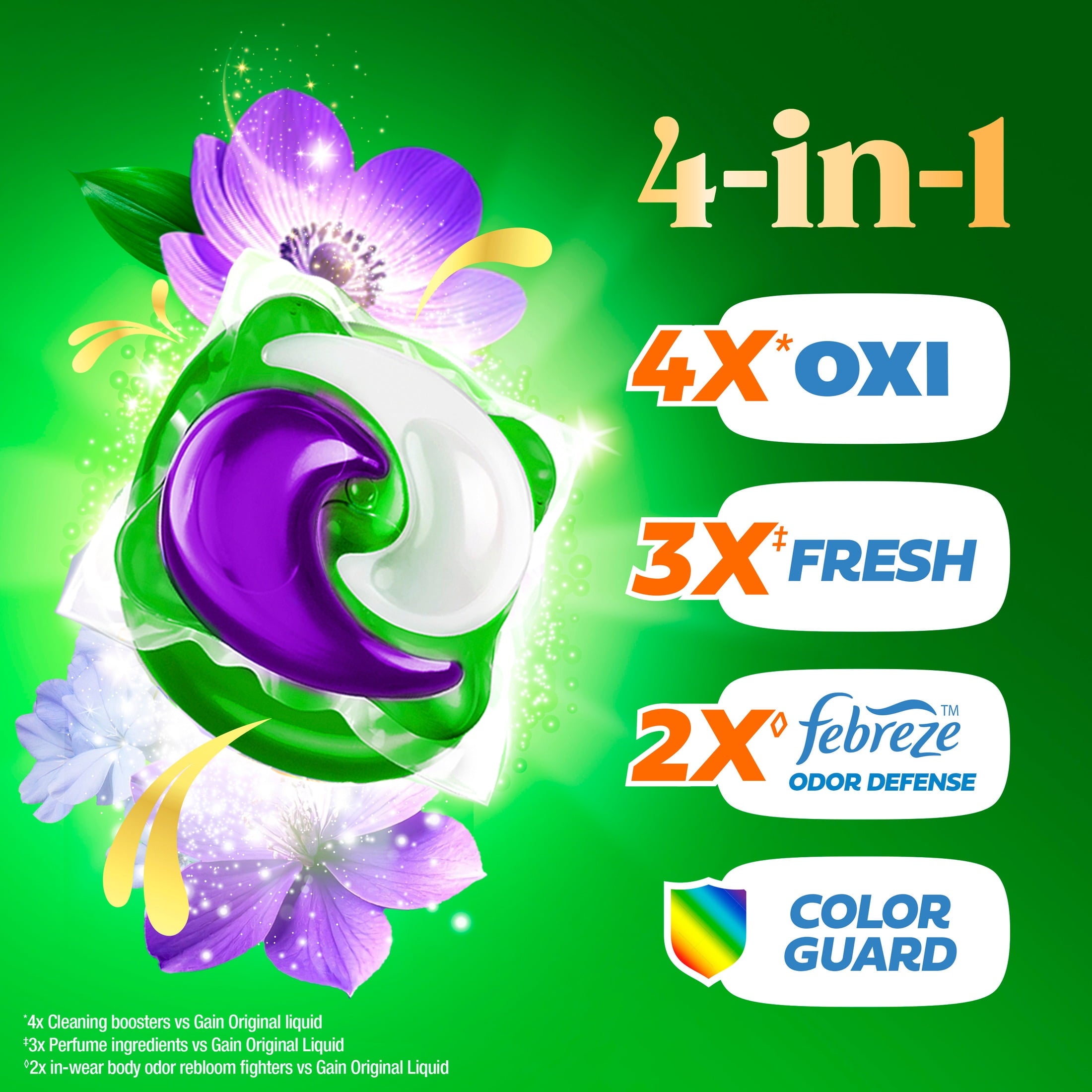 Gain Plus Flings Laundry Detergent Liquid Washing Pacs, Gain's Best All-In-One Clean, Moonlight Breeze Scent, 32 Count