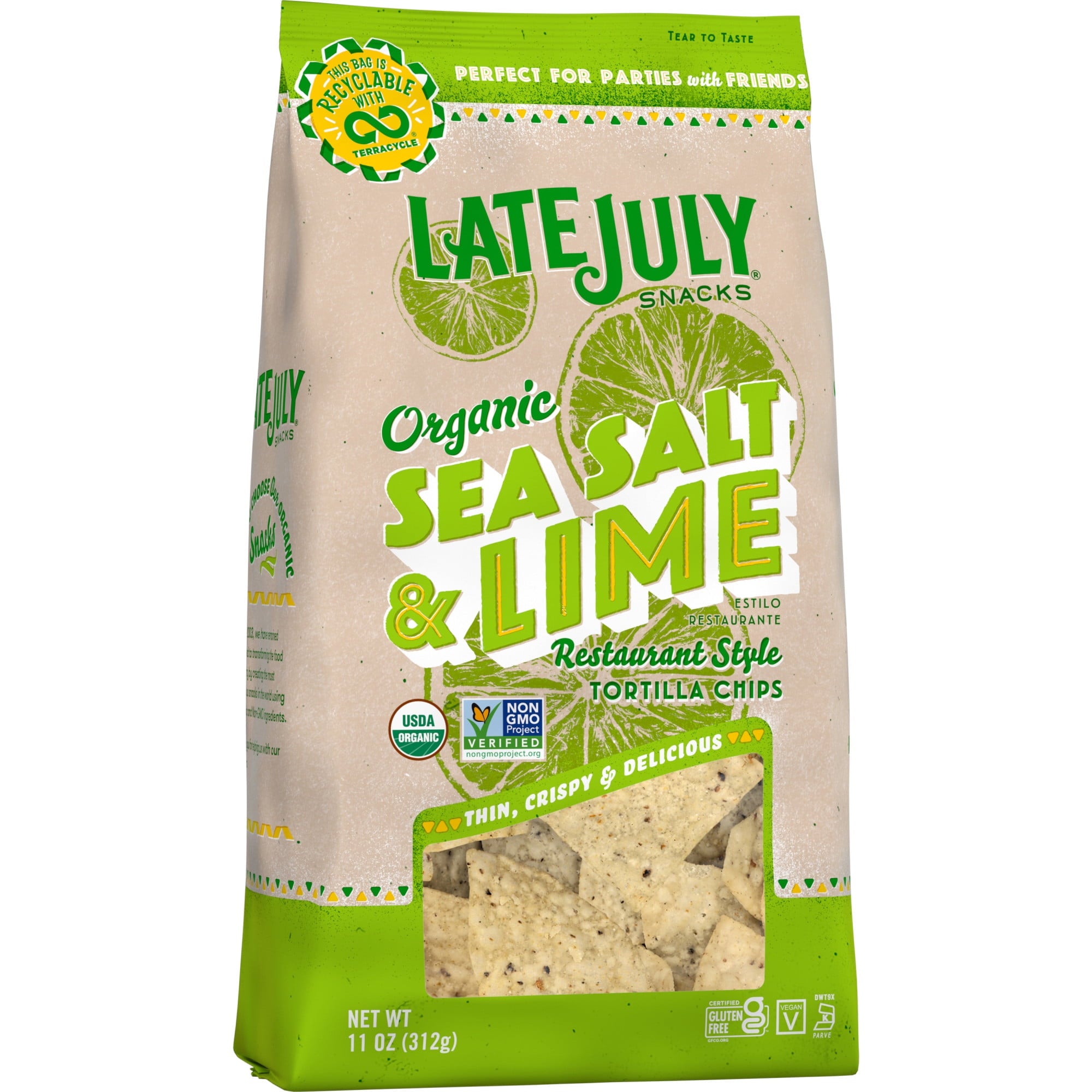 LATE JULY Snacks Restaurant Style Sea Salt & Lime Tortilla Chips, 11 oz. Bag