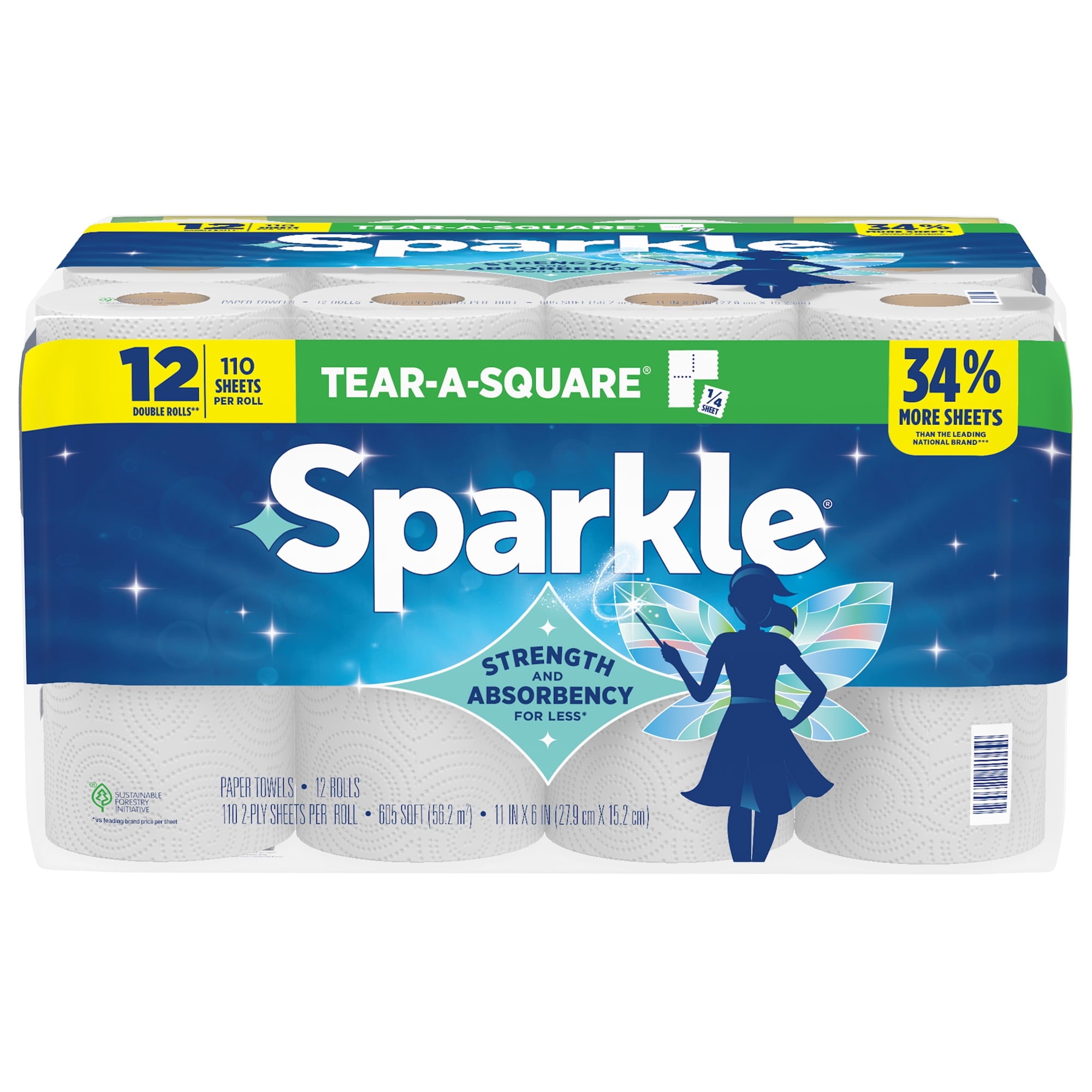 Sparkle Tear-A-Square Paper Towels, 6 Double Rolls, 110 Sheets per Roll