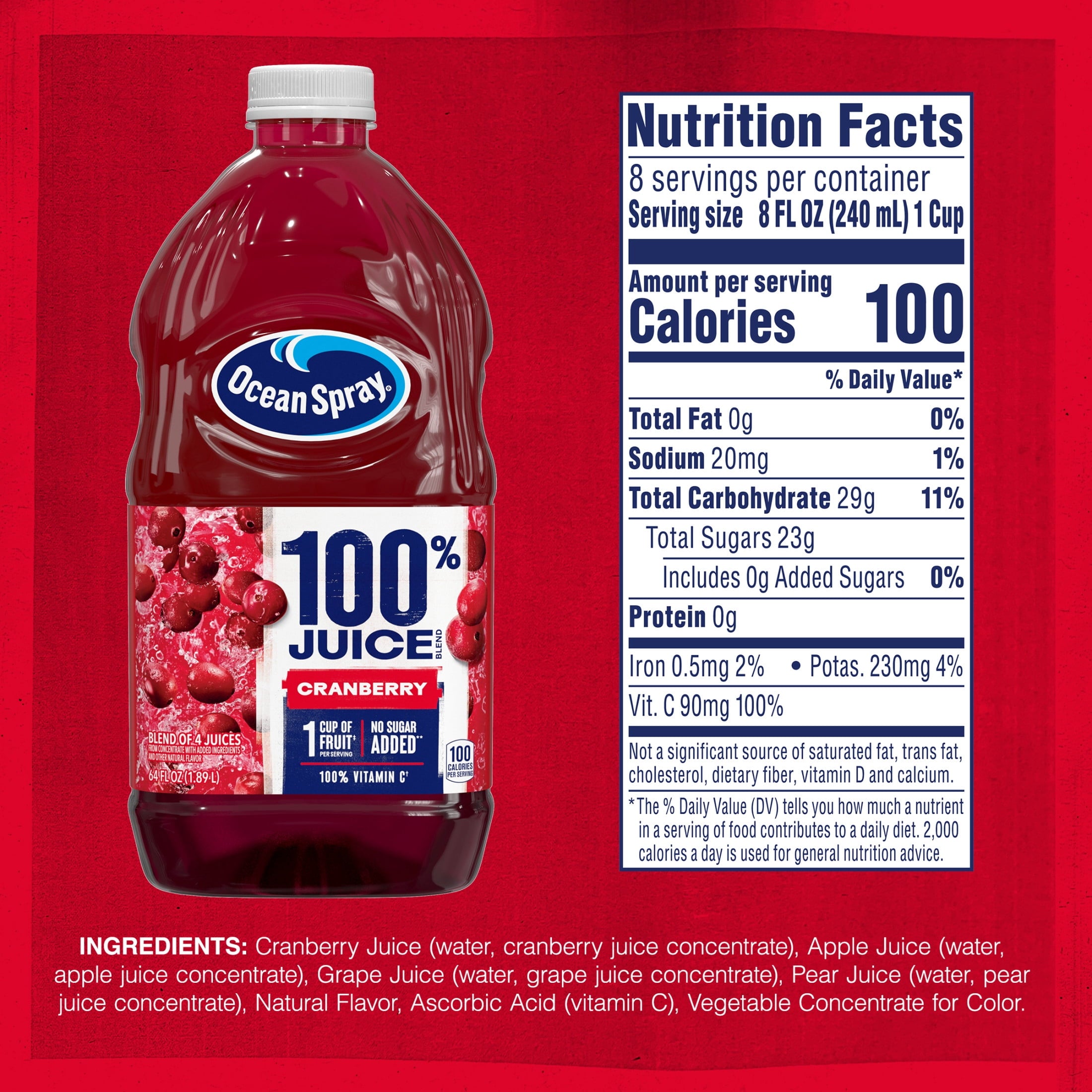 Ocean Spray® 100% Juice Cranberry Juice Blend, 64 fl oz Bottle